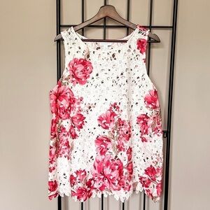 Charter Club Floral Open Weave Crochet Lace Sleeveless Top Sz L